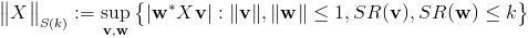 \big\|X\big\|_{S(k)}:=\sup_{{\bf v},{\bf w}}\big\{|{\bf w}^*X{\bf v}| : \|{\bf v}\|,\|{\bf w}\|\leq 1,SR({\bf v}),SR({\bf w})\leq k\big\}