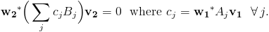 {\bf w_2}^*\Big(\sum_jc_jB_j\Big){\bf v_2}=0 \ \text{ where }c_j={\bf w_1}^*A_j{\bf v_1} \ \ \forall \, j.